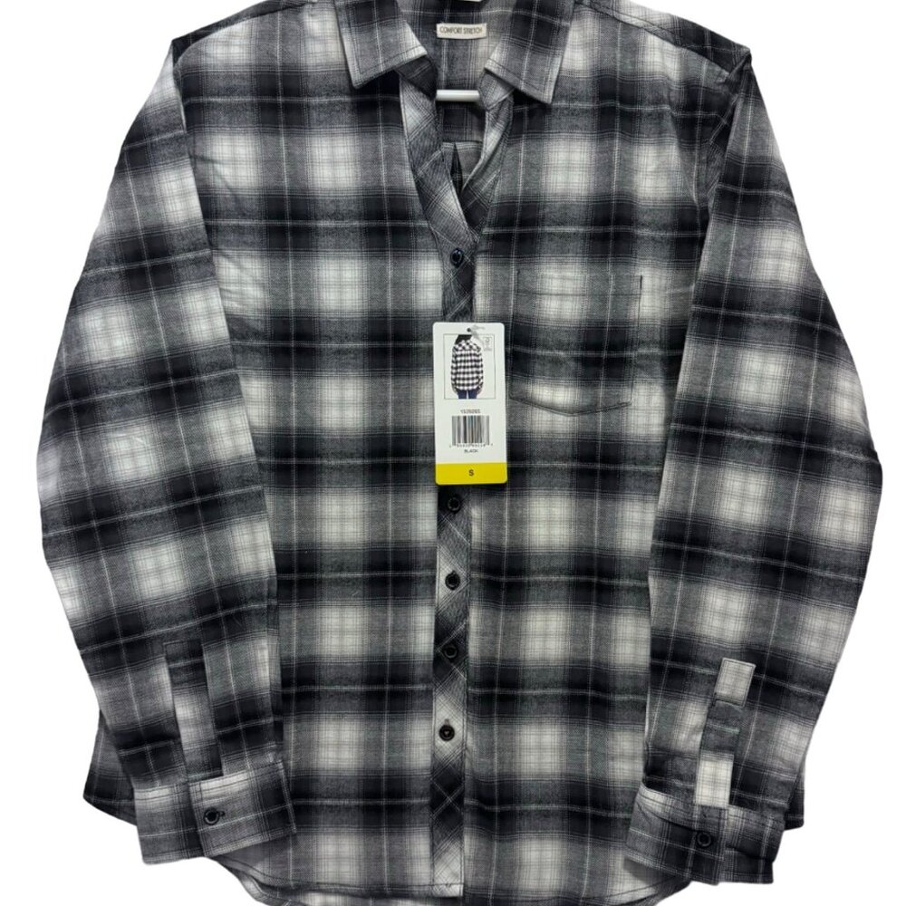 Womens Small Black Gray Flannel Weatherproof Vintage Comfort Stretch Plaid Shirt